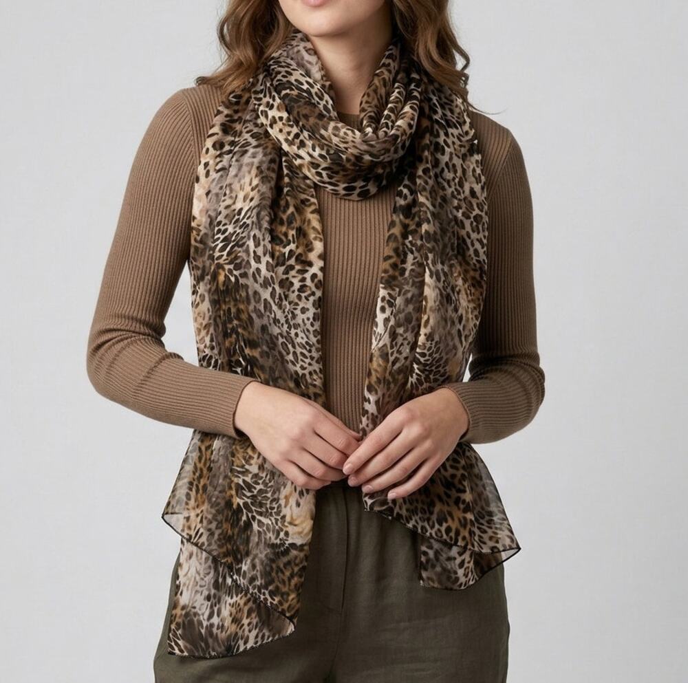 Rectangle Satin Scarf Animal Print Brown White Black 56" x 13"